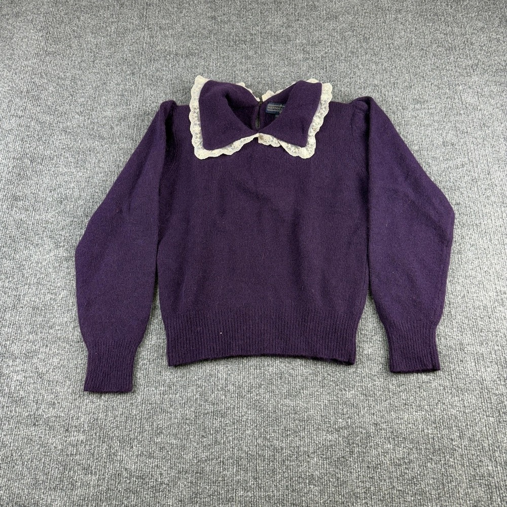 Vintage Herman Geist Sweater Womens Small Purple Lace Collar Angora 80s Top